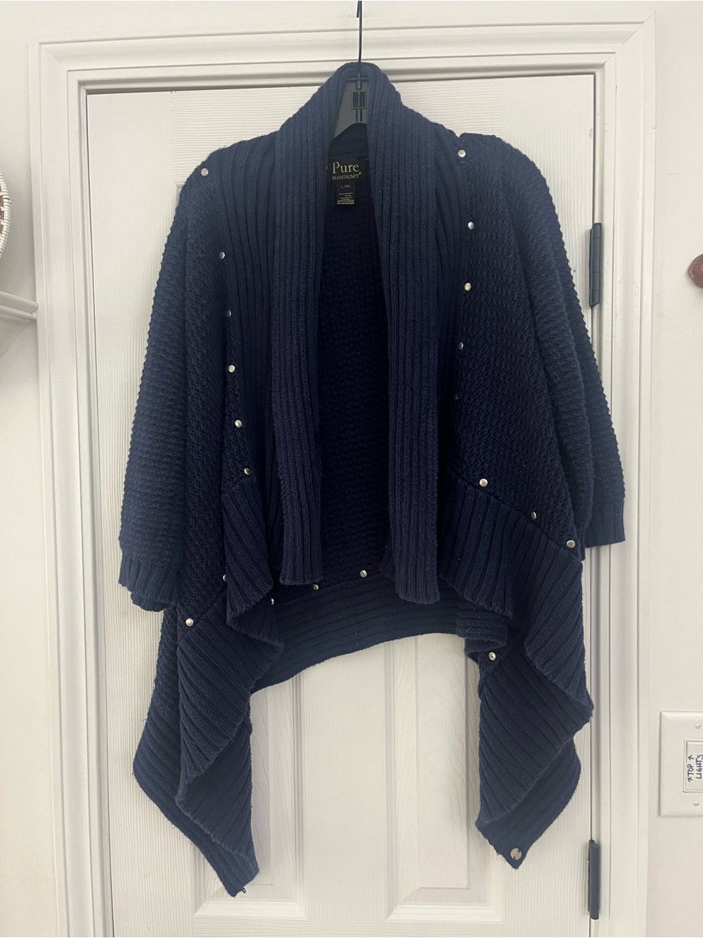 Pure Hand Knit Navy Silver Flat Stud Embellished Open-Front Cardigan L/XL